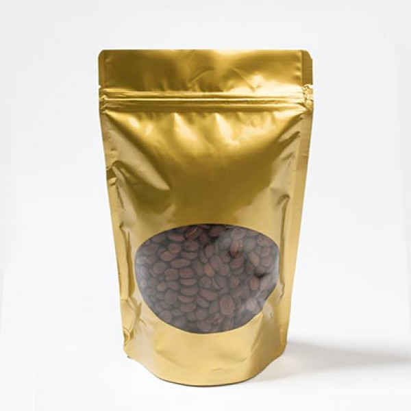 Standbodenbeutel Gold 17x9x28,5cm | 340 Gramm mit ovalem Fenster (100 Stück) [ZBGO4G]