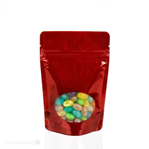 Stehbeutel Rot mit ovales Fenster 7.9 x 5.1 x 13cm (115ml) (100 Stück) [ZBGO1R]