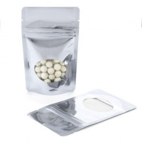 Standbodenbeutel Silber 8x5x13cm | 28 Gramm mit ovalem Fenster (100 Stück) [ZBGMO1S]