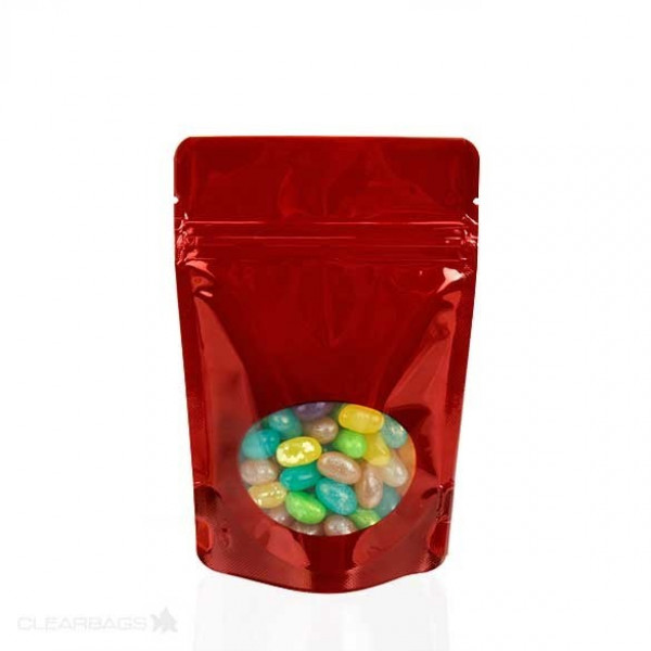 Stehbeutel Rot mit ovales Fenster 7.9 x 5.1 x 13cm (115ml) (100 Stück) [ZBGO1R]
